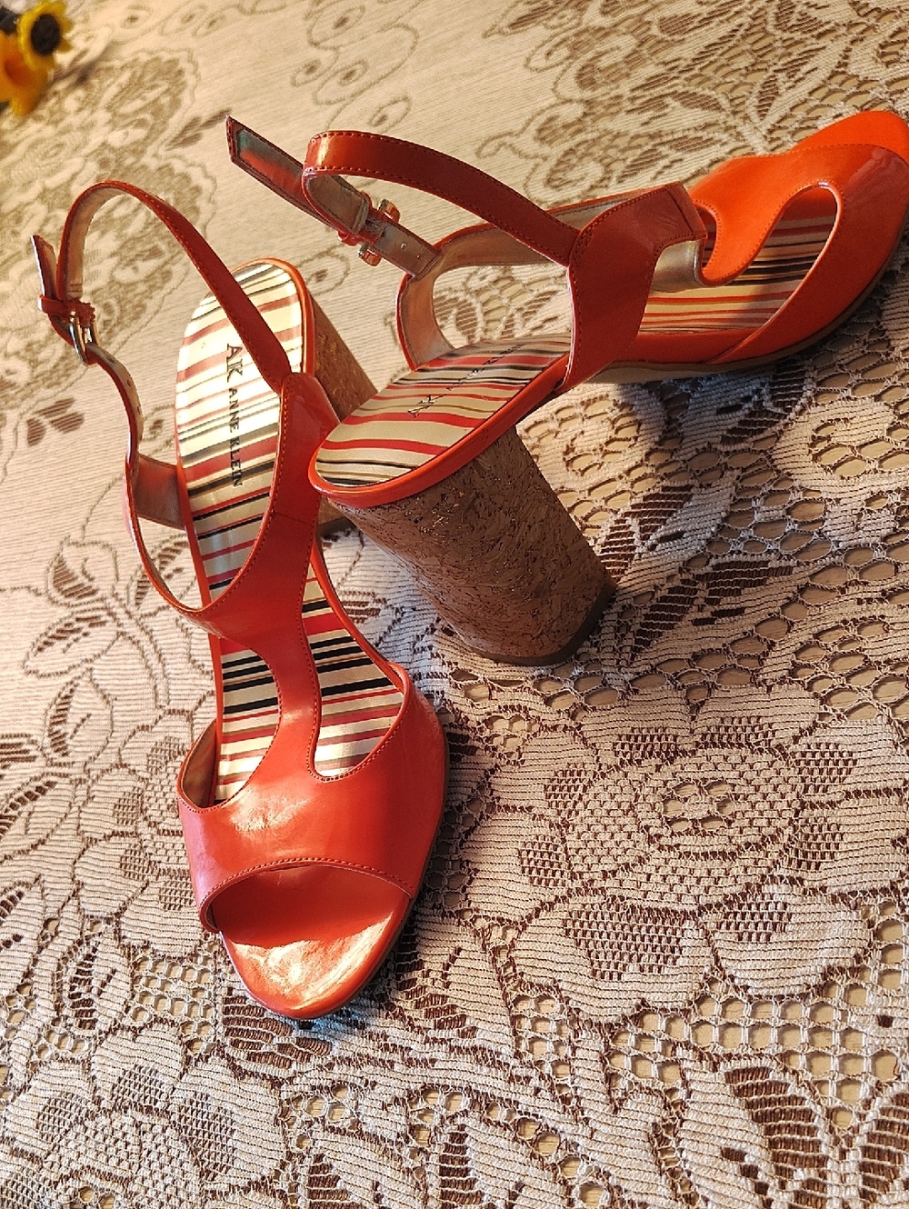 Anne Klein Coral Orange Cork Block Heel Sandals